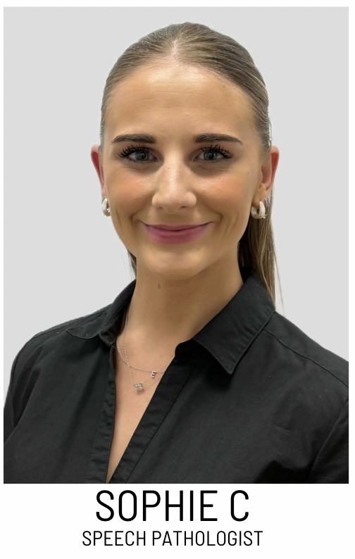 Portrait of Sophie C., a speech pathologist, smiling in a black collared shirt.
