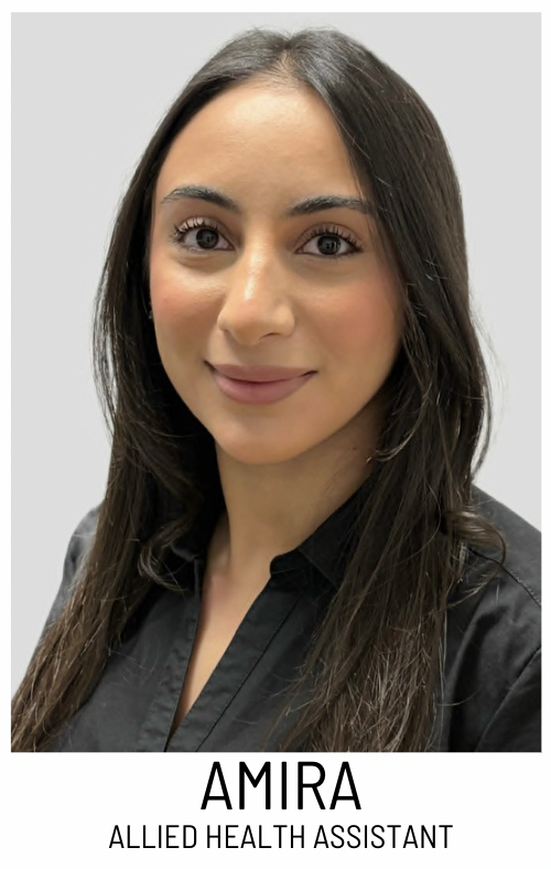 Portrait of a woman with long dark hair wearing a black blouse; profile card reads 'Allied Health Assistant'.