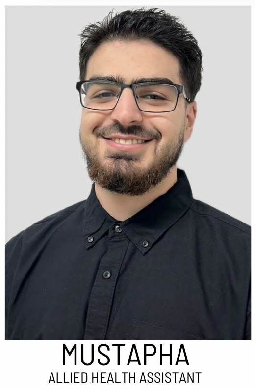 Mustapha, Allied Health Assistant, smiling portrait in a black button-down shirt.