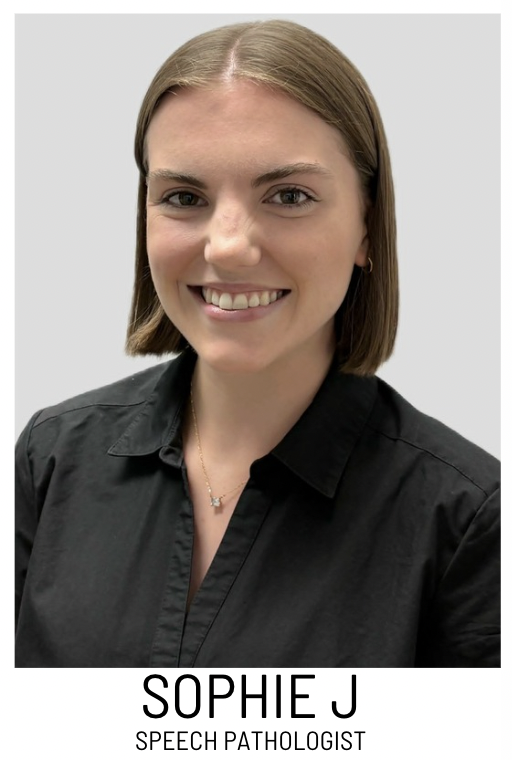 Head-and-shoulders portrait of Sophie J., a speech pathologist, smiling in a black collared shirt.