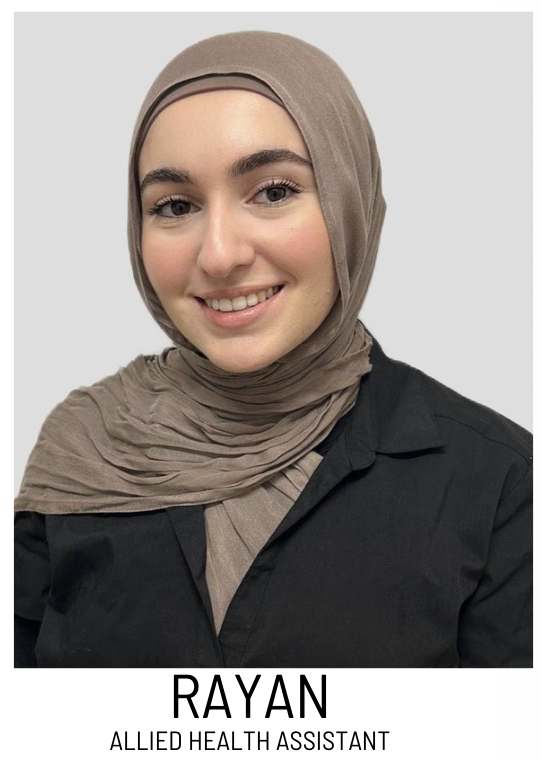 Portrait of Rayan, an Allied Health Assistant, wearing a taupe hijab and black shirt, smiling at the camera.