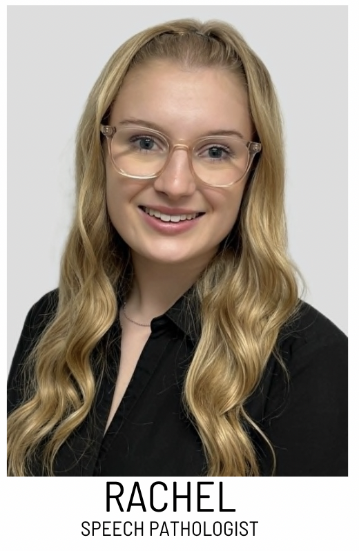 Portrait of Rachel, a speech pathologist, smiling in a black blouse against a light background with clear-framed glasses.