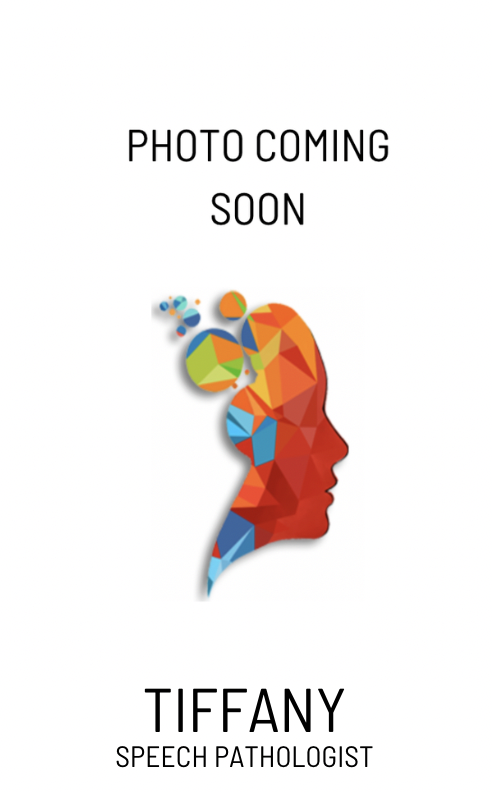 Placeholder image: 'Photo coming soon' for Tiffany, Speech Pathologist, with a colorful geometric head silhouette.