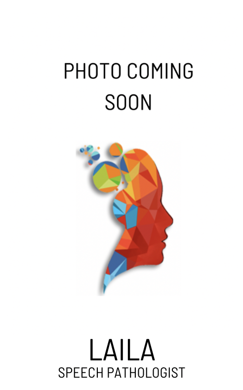 Placeholder image for Laila, Speech Pathologist, featuring a colorful geometric head silhouette and 'Photo coming soon' text.