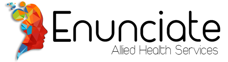 Logo for Enunciate Allied Health Services: multicolored geometric head silhouette beside the word Enunciate and smaller 'Allied Health Services' text.